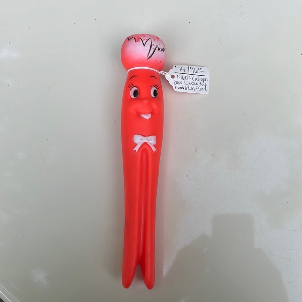 1960's Rubber Clothespin Baby Squeak Toy in Pink with face